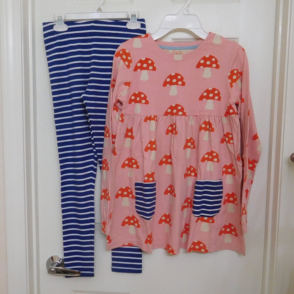 NWT 2pc Mini Boden Pink Mushroom Print Tunic & Striped Leggings sz 9-10 Years